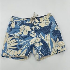 Vintage J. Crew Blue Tan Leaf Print Swim Shorts swim beach vacation 32